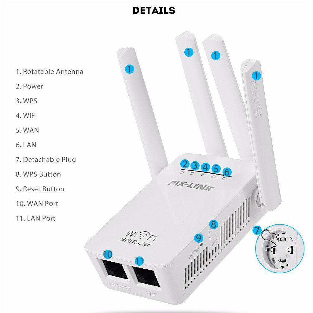 Kích sóng wifi tốc độ cao 4 râu 300M PIX LINK LV-WR09 thiết bị kích sóng phủ rộng giải pháp cho mạng yếu, kết nối đến 50M cực nhanh, cài đặt dễ dàng - Hàng chính hãng