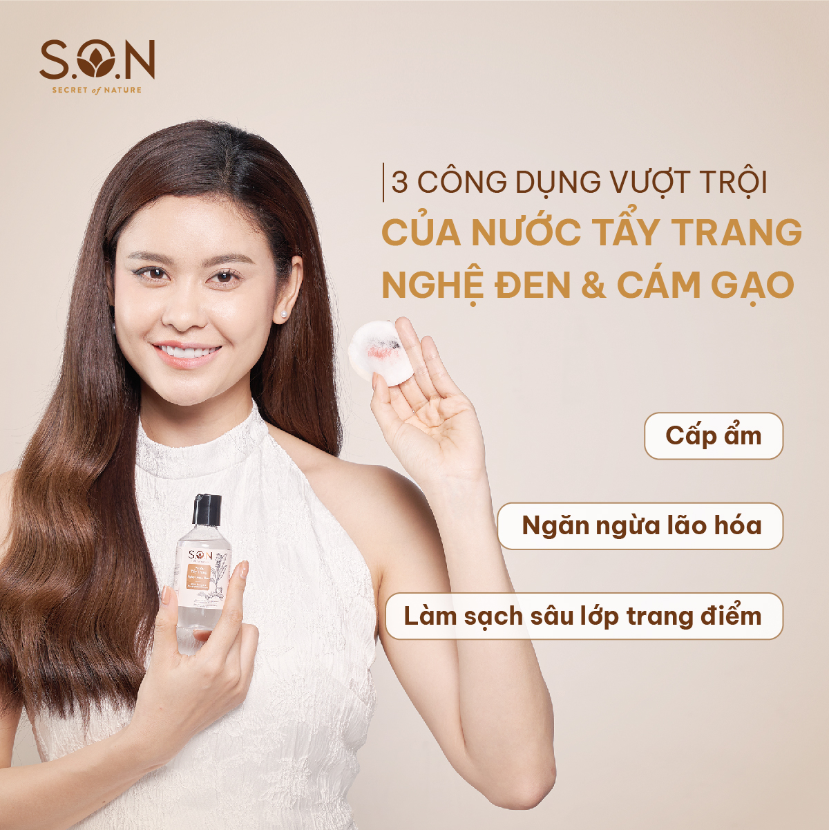 Nước tẩy trang nghệ đen &amp; gạo S.O.N sạch sâu lớp trang điểm, dịu nhẹ 100ml