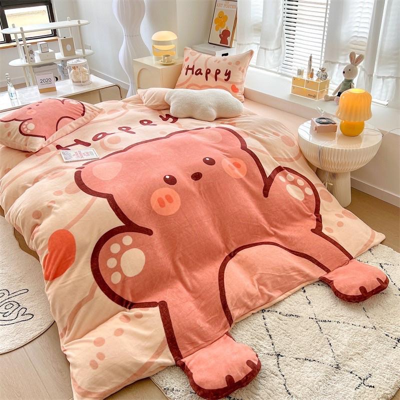 Bộ Chăn Ga Gối Nỉ Nhung Sữa Hàng Nhập Khẩu Cao Cấp 4 Món Hình Đáng Yêu Cho Các Bé