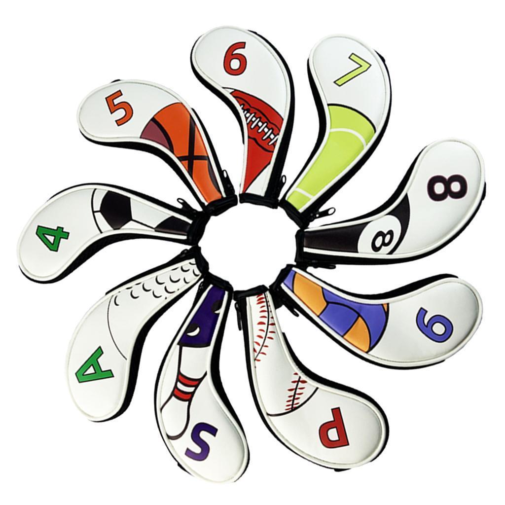 9pcs Waterproof Golf Club Covers PU Leather Headcover Iron Protector Guard