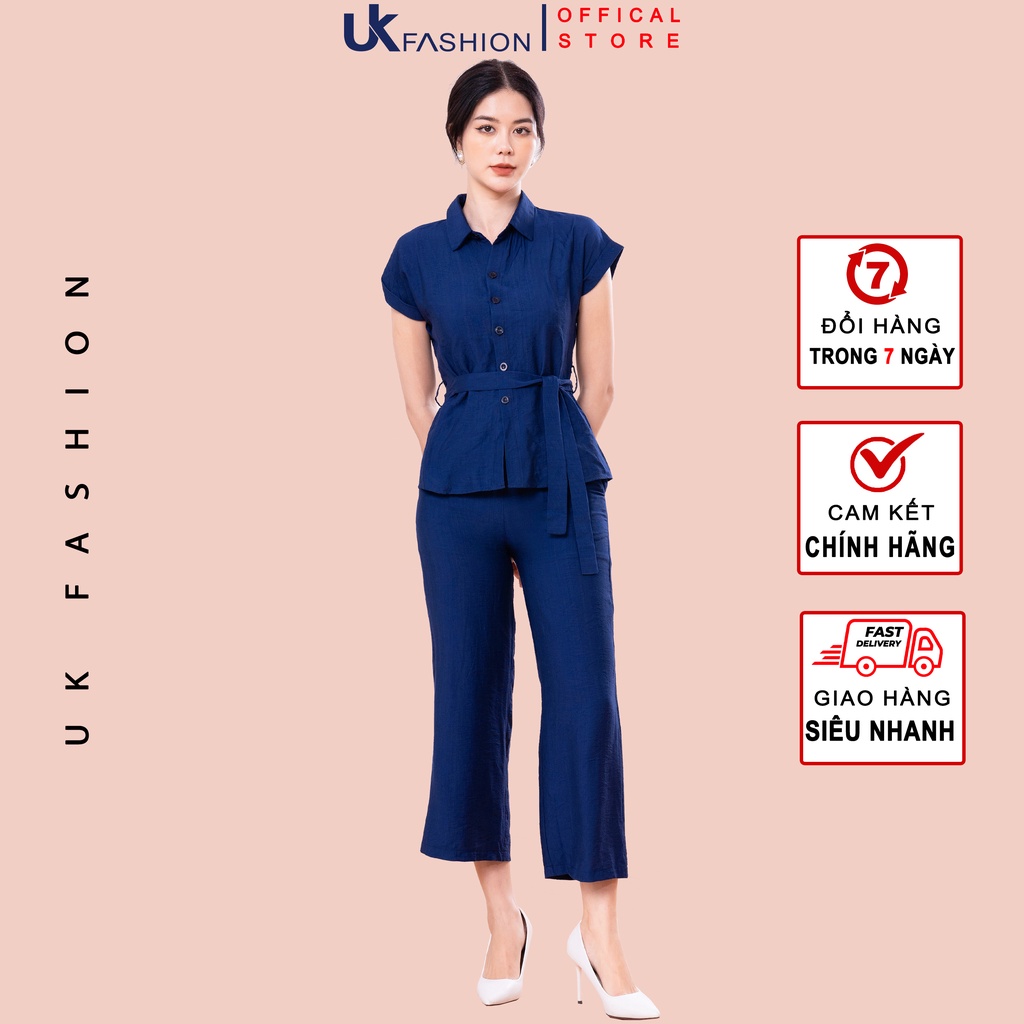 Bộ Đồ Nữ Công Sở UK Fashion Áo Sơ Mi Ngắn Tay Phối Quần Ống Rộng, Chất Liệu Vải Hàn Cao Cấp NKBD2204008
