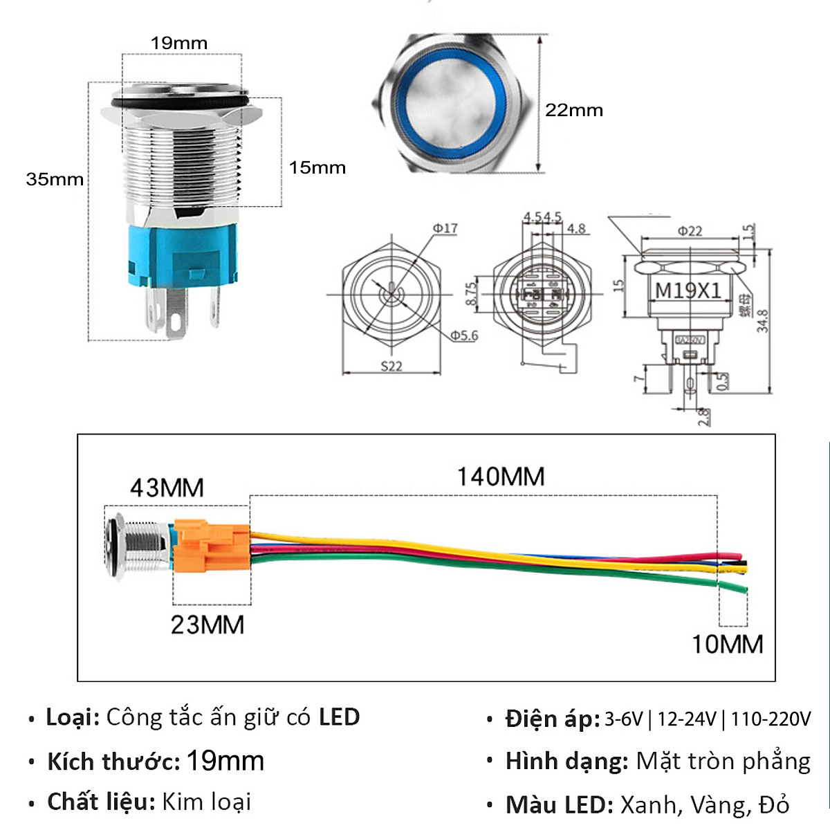 Nút công tắc nhấn giữ trạng thái, Nhấn Tự khóa 19mm, Nút Nguồn chế loa và Máy điện tử có Led bằng INOX chống thấm nước 3-6V, 12-24V, 110-220V