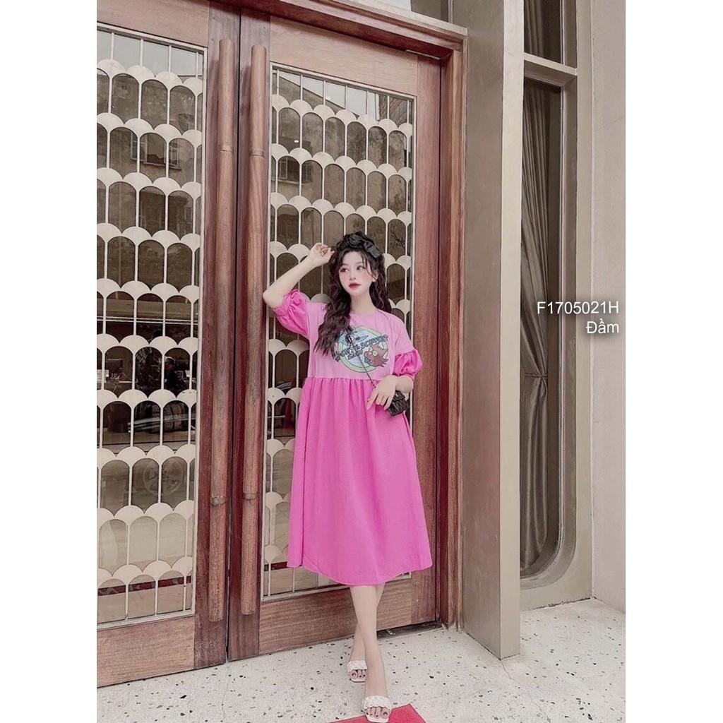 Đầm phối màu dáng suông ngực in hình chữ cổ tròn tay bồng!