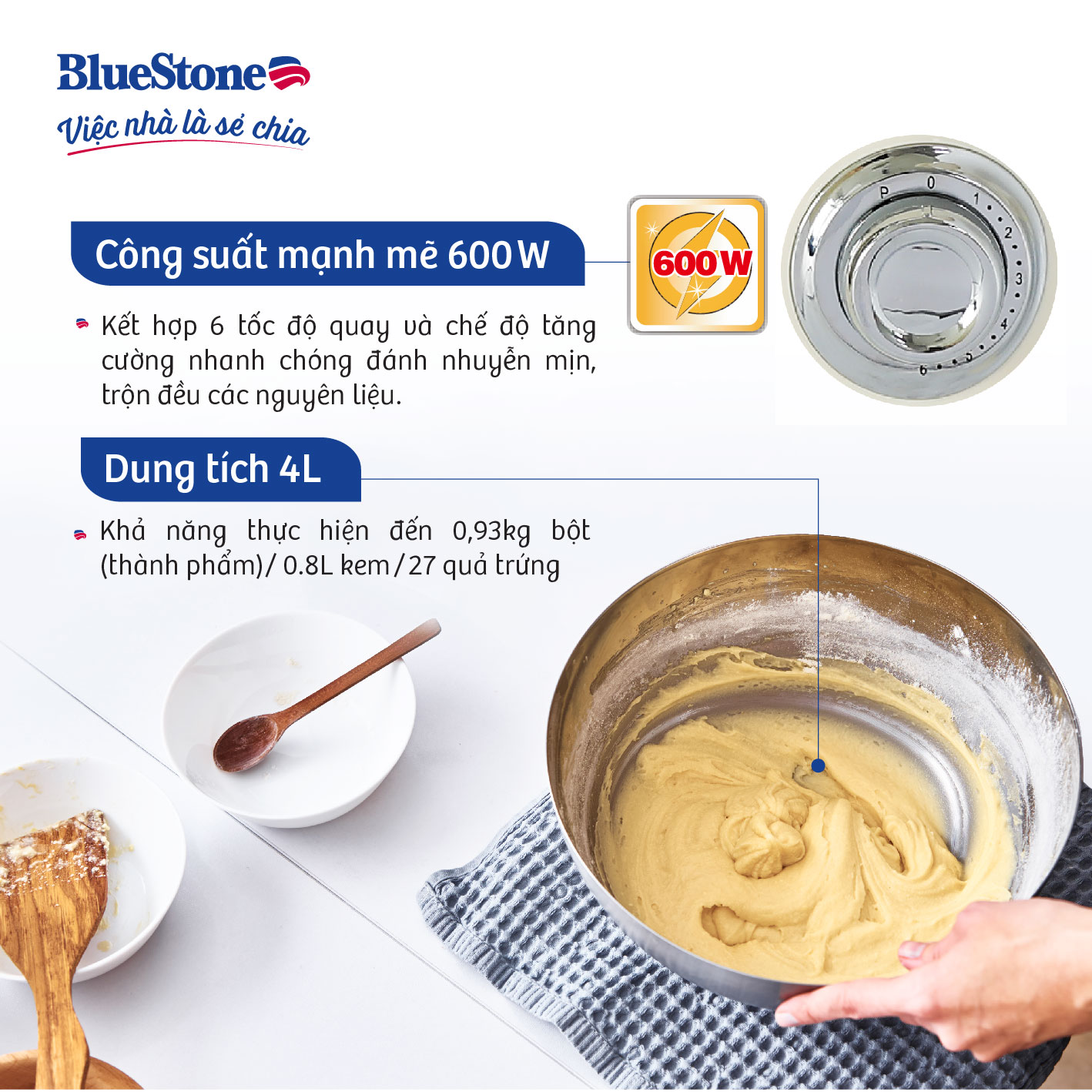 Máy Trộn Bột, Đánh Trứng Đa Năng Bluestone HMB-6383, Công Suất 600W -4.0Lit, Hàng Chính Hãng