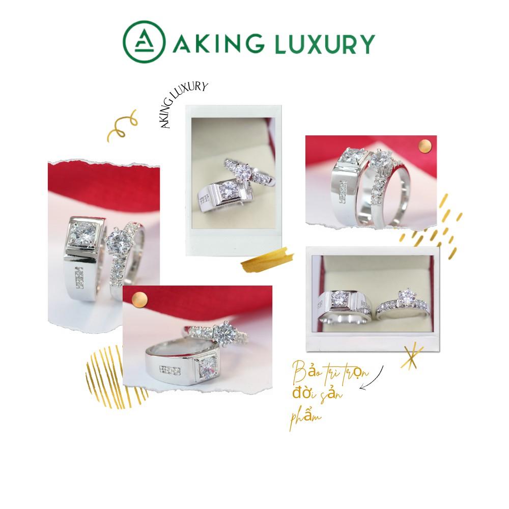 Nhẫn cặp AKING LUXURY AK24 cao cấp, Nhẫn bạc nam đính đá sang trọng, nhẫn bạc nữ đính đá phong cách quyến rũ, sang trọng