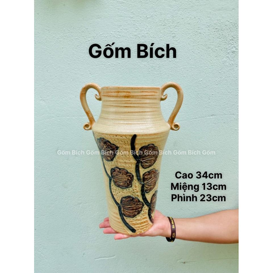 Bình Hoa Gốm Khắc Tay Men Thuần Mộc Gốm Sứ Bát Tràng Lọ Hoa Đẹp - Gốm Bích