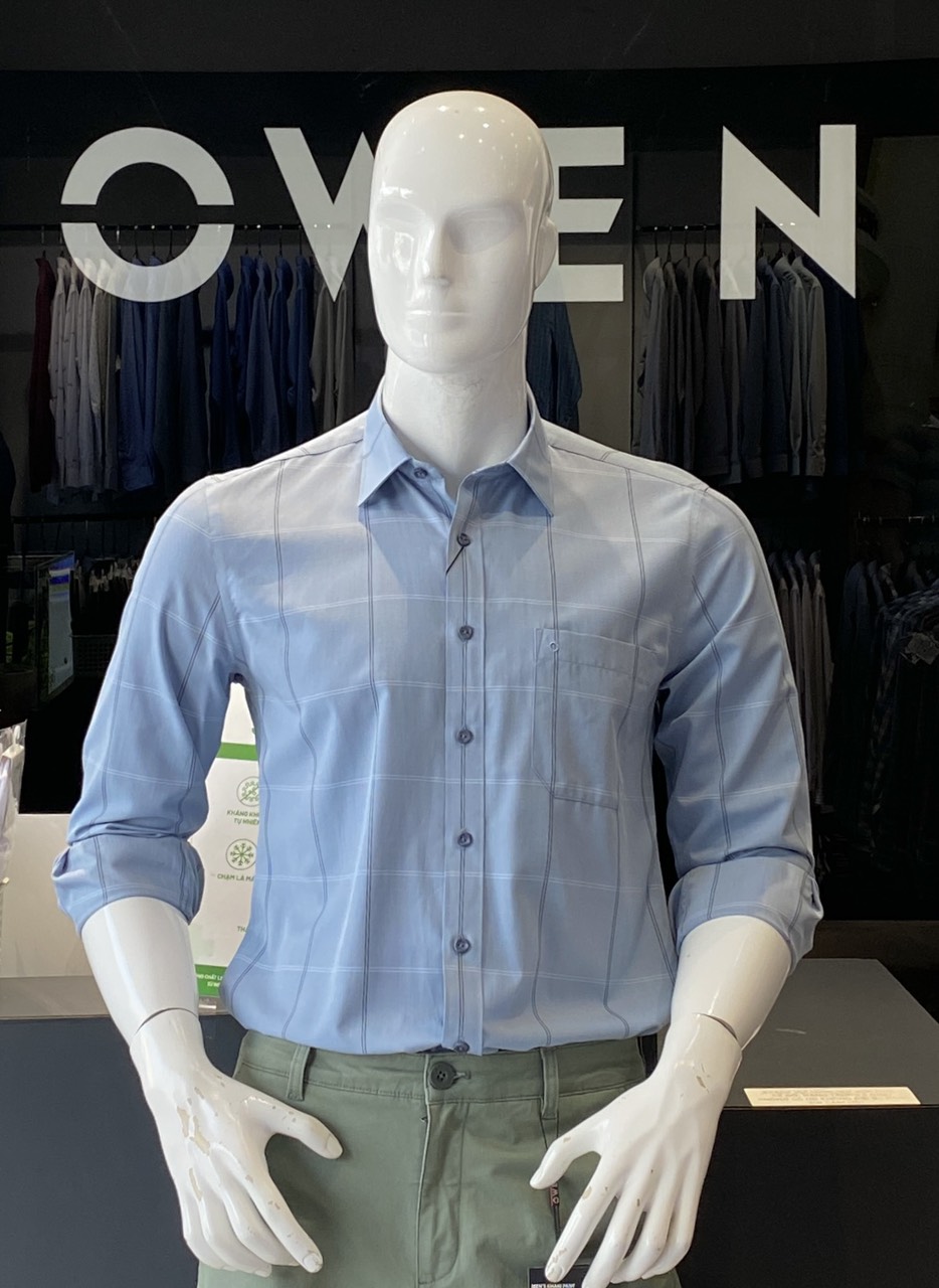 OWEN - Áo sơ mi dài tay Owen Regular fit chất bạc hà màu xám kẻ ô 220821