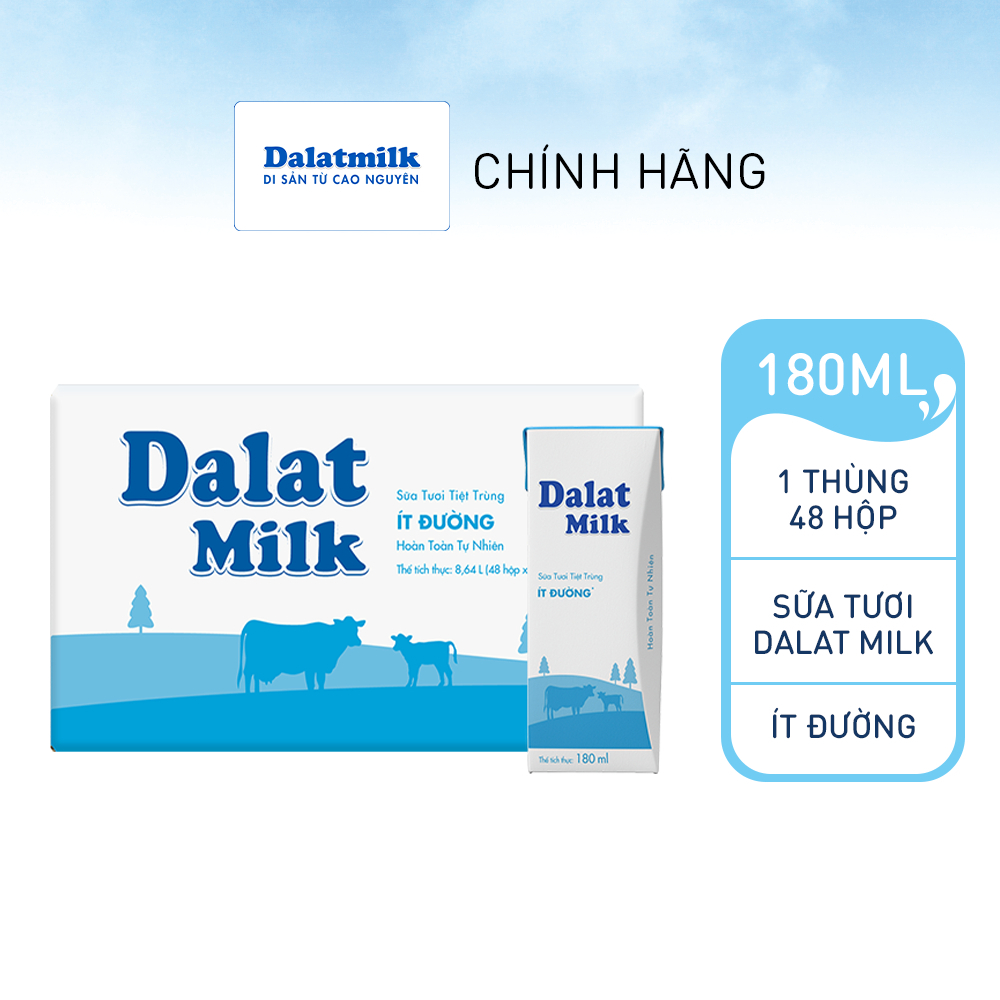 Thùng 48 hộp sữa tươi tiệt trùng Dalatmilk ít đường 180ml