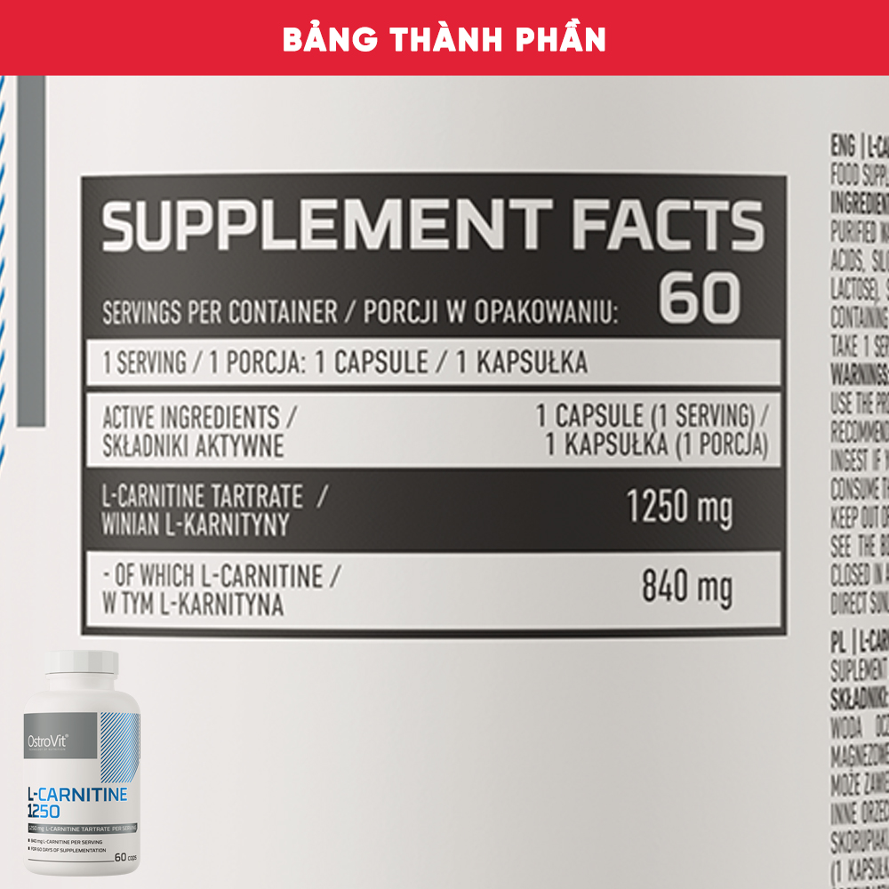 Viên Uống Ostrovit L-Carnitine 1250 (60 Viên) Bổ Sung L Carnitine Tartrate Cho Người Tập Thể Hình | CitySupp