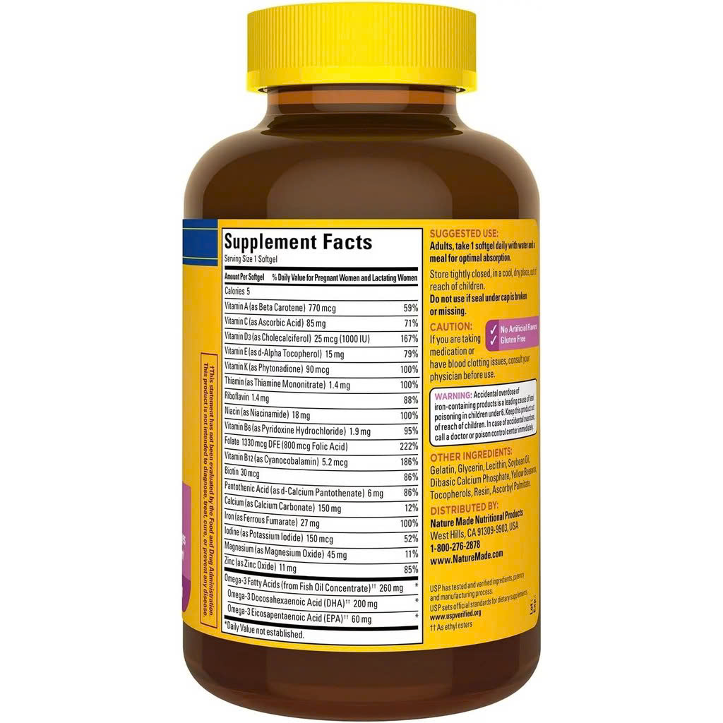 Viên Uống Nature Made Prenatal Folic Acid + DHA Vitamin Cho Mẹ Bầu 150 viên