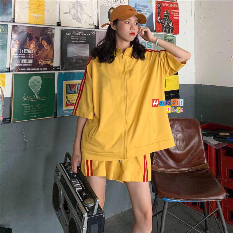 Set Bộ Thể Thao Oversize Ulzzang Unisex Áo Khoác Tay Ngắn Quần Short Màu Vàng Cao Cấp - MM