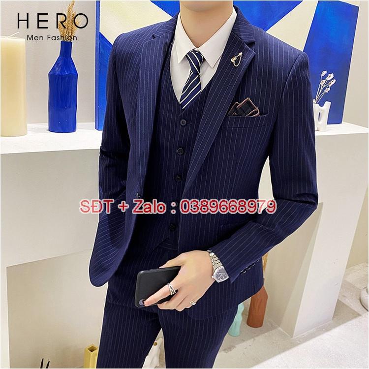 Bộ Vest Nam Cao Cấp màu Xanh than Kẻ sọc, Suit Nam Hàn Quốc Chất Vải Sịn, Quần có tăng chỉnh size