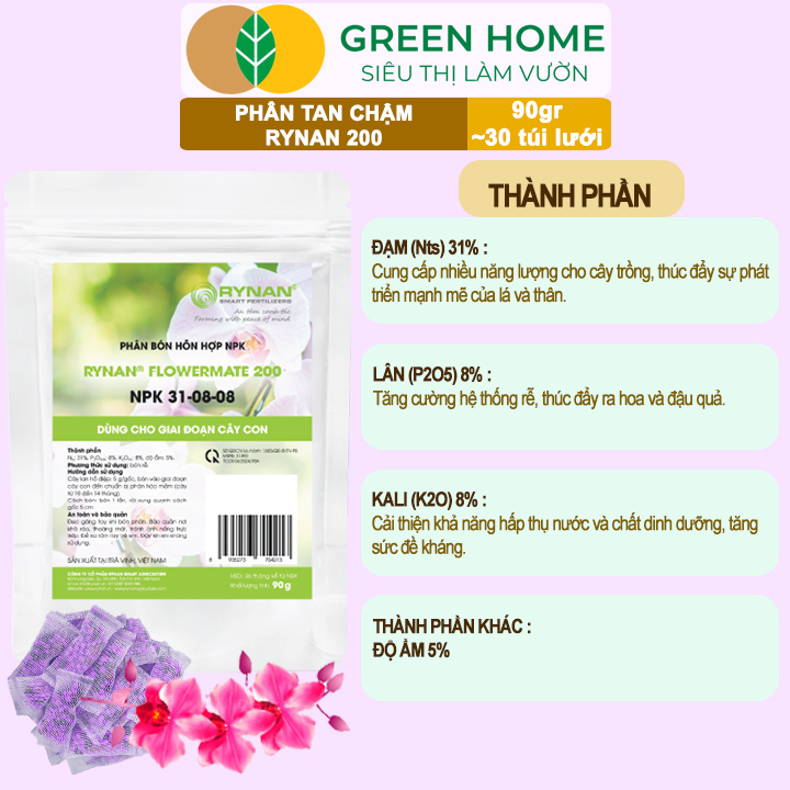 Phân Tan Chậm GreenHome, Rynan 200, Bao 90gr ~ 30 Túi Lưới 3gr, Dành Cho Giai Đoạn Phong Lan Cây Con
