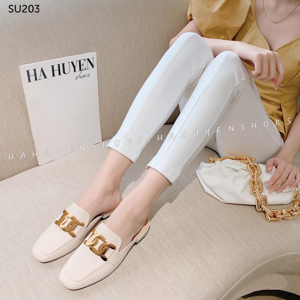 Giày sục nữ mũi tròn Hà Huyền Shoes gót vuông 1 phân da lì phối khóa đồng xoắn sang chảnh - SU203