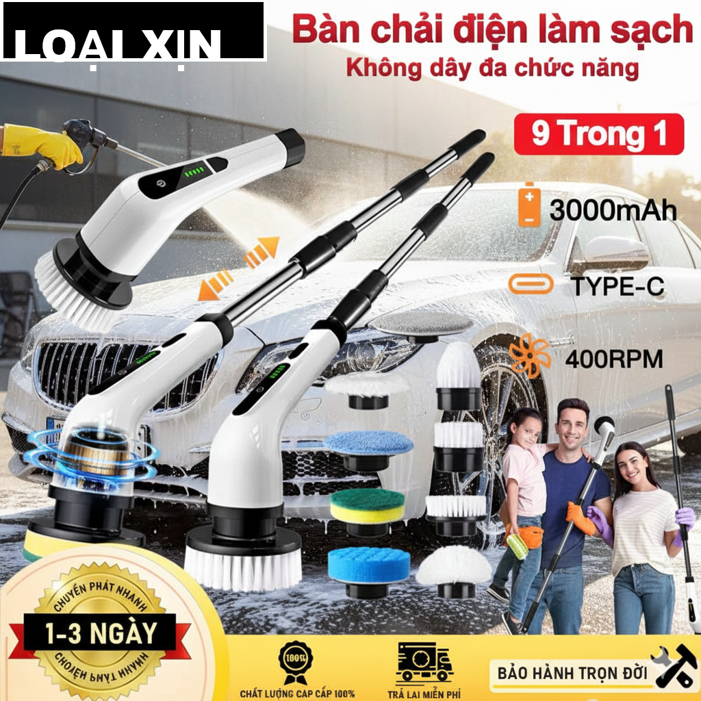 Bộ Chổi Điện MX 9in1 Siêu Bền – Rửa Ô Tô, Cọ WC, Lau Bàn Bếp, Kính Hiệu Quả