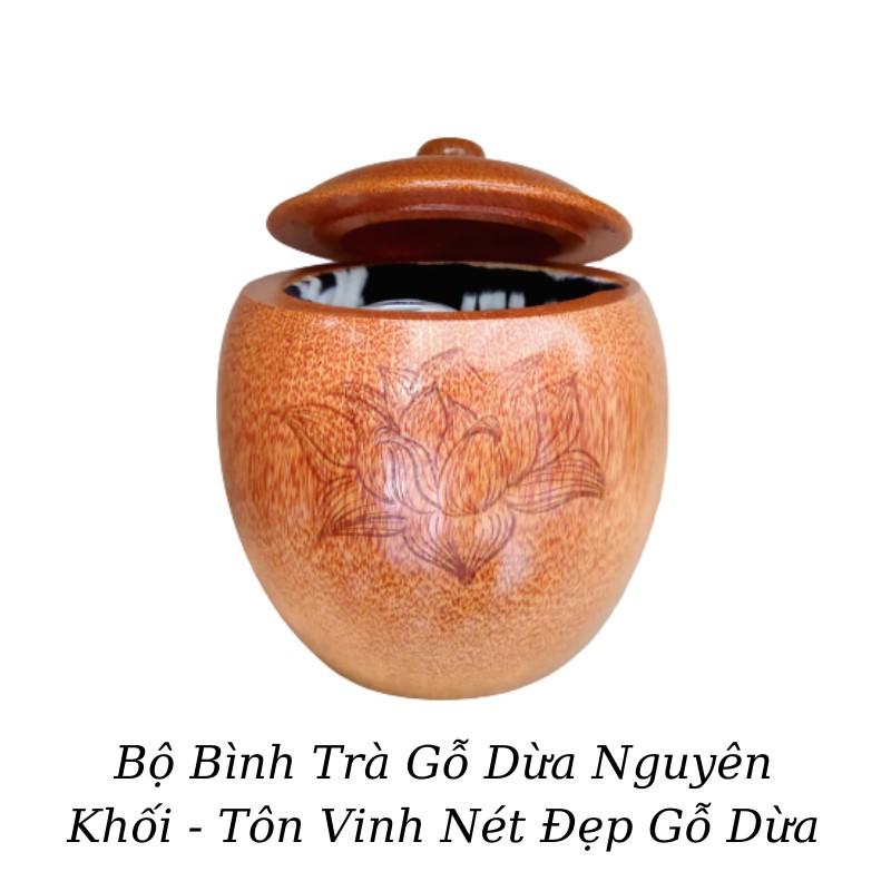 Bộ Bình Trà Gỗ Dừa Gọn Đẹp Hoa Văn &quot;Hoa Sen&quot; - Bình Trà 700 - 900ml