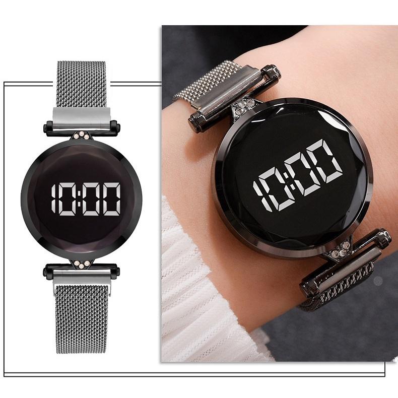 Đồng hồ đeo tay kỹ thuật số có đèn LED cảm ứng dây hợp kim sang trọng cho nữ