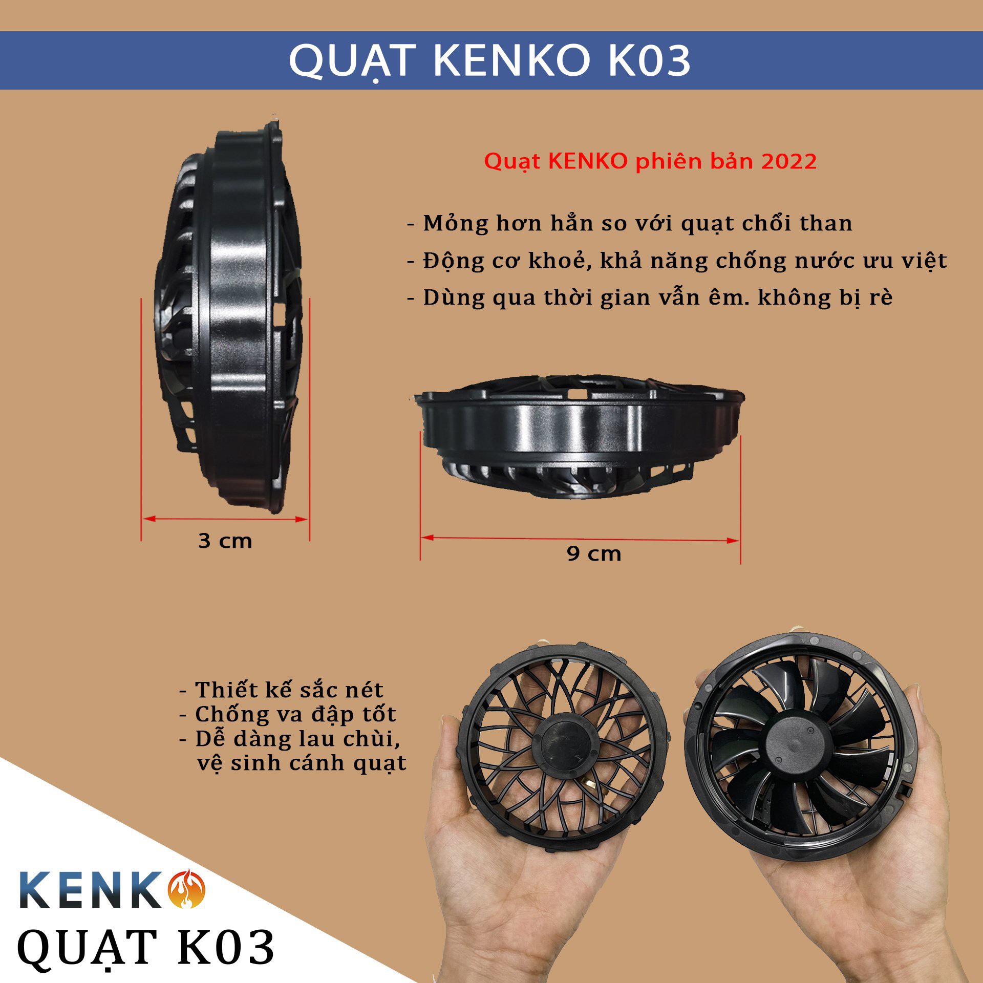 Quạt không chổi than chống nước KENKO 9V kiểu ren xoáy, phụ kiện làm mát gắn áo điều hòa