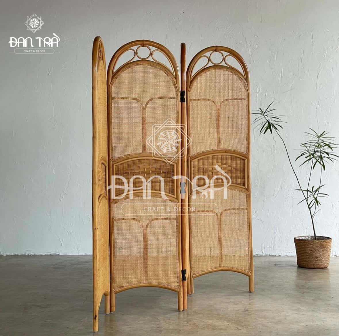 Bình Phong Mây Vòm Lưới Mắt Cáo- Vách Ngăn Mây Tre Đan Trà- Decor Mây Tre Đan Trà