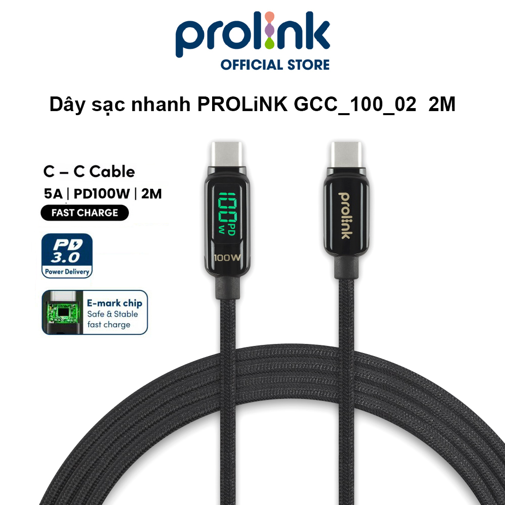 Dây sạc type C To C PROLiNK GCC_100_02 dài 2M, sạc siêu nhanh 100W, màn hình Led, dành cho Tablet, Macbook, Laptop - Hàng chính hãng