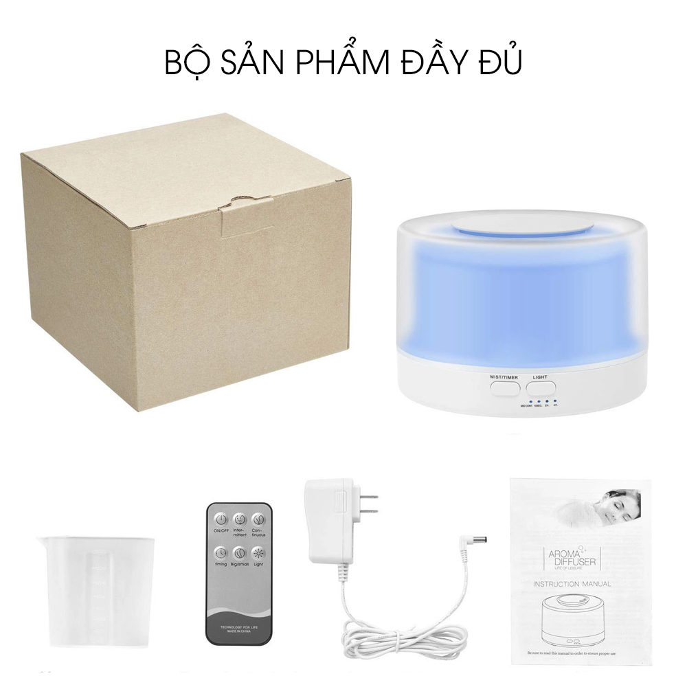 Máy phun sương tạo ẩm Bình Minh 500ml Tặng 3 Chai Tinh Dầu Kobi Sả Chanh + Bạc Hà + Oải Hương 10ml Nhập Khẩu Ấn Độ | Xông Phòng 30m2 | Kèm Remote Điều Khiển