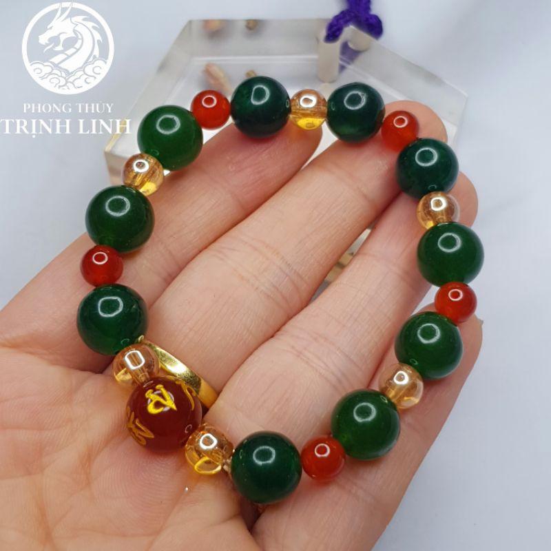 VÒNG CHUỖI XANH LÁ VÀ VÀNG THIẾT KẾ KHẮC CHÚ