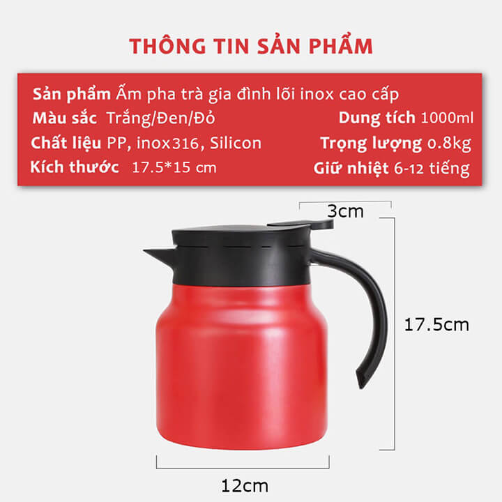 Ấm Pha Trà Giữ Nhiệt Có Lọc Inox 316 Dung Tích 1000ml Hàng Cao Cấp, Bình Giữ Nhiệt Nước Nóng, Lạnh Có Lọc Tiện Dụng