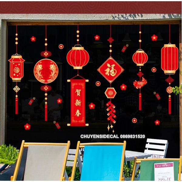 Decal trang trí tường Tết - Rèm lồng đèn sắc nét