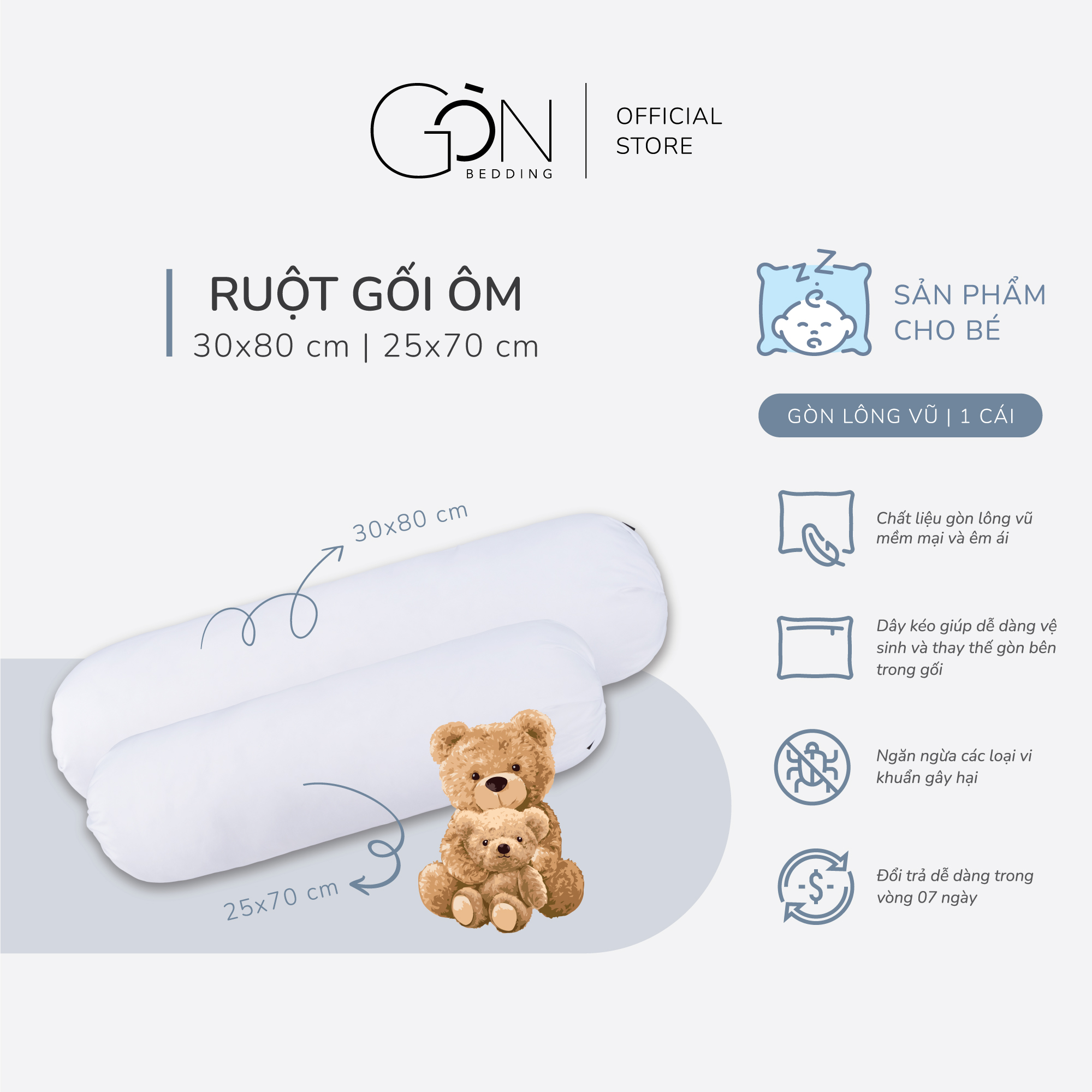 Ruột Gối Ôm Cho Bé Gòn Bedding Gòn Lông Vũ 30x80 cm | 25x70 cm Chuẩn Khách Sạn 4-5* (size nhỏ, siêu êm)