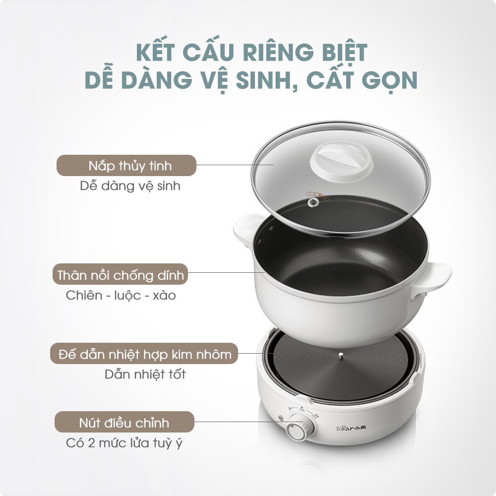 Nồi Điện Đa Năng BEAR DHG-B25Z1, Chiên Xào Hấp, Dung Tích 2.5L, Công Suất 700W - Hàng Chính Hãng