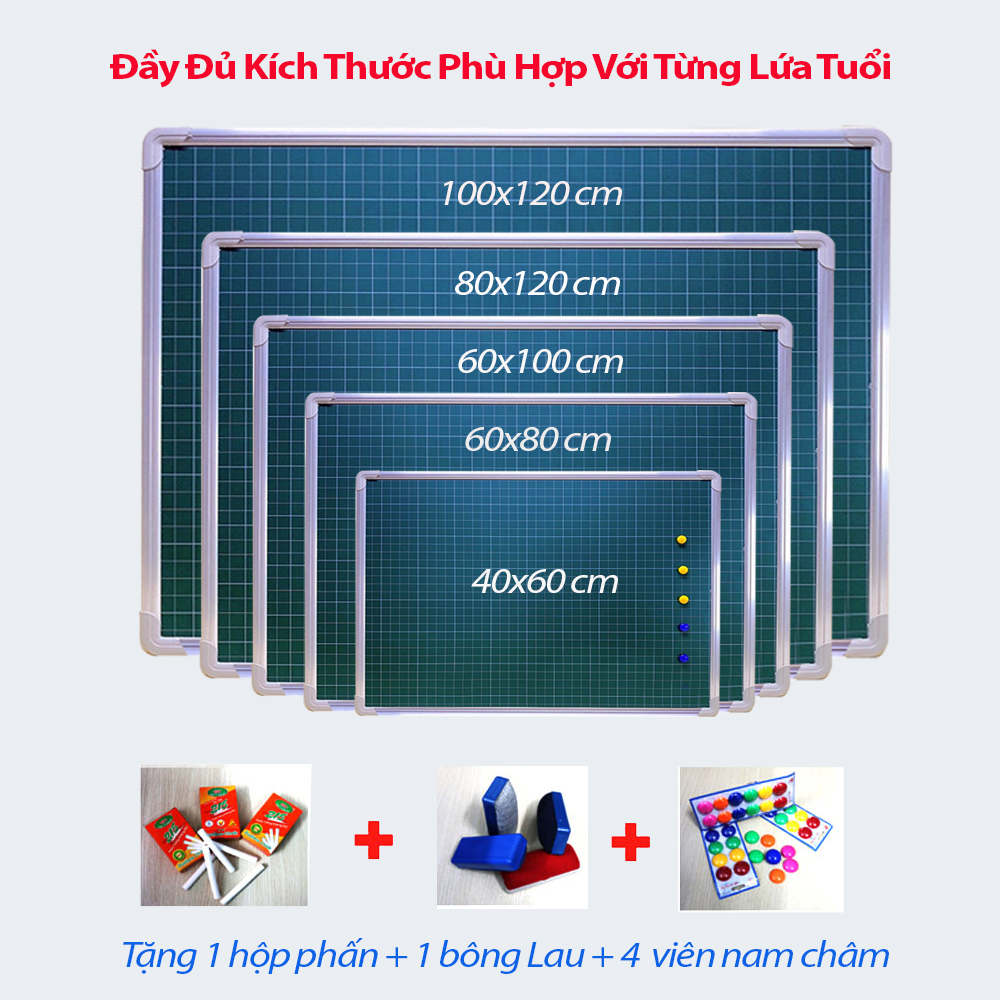 Bảng Từ Xanh (Ô ly) Hàn Quốc Kích Thước: 80x120 cm (Tặng 1 Hộp Phấn, Khăn Lau, 4 Viên Nam Châm) Mặt Bảng Viết Đẹp, Ít Bụi. Sử Dụng Trong Trường Học, Trung Tâm