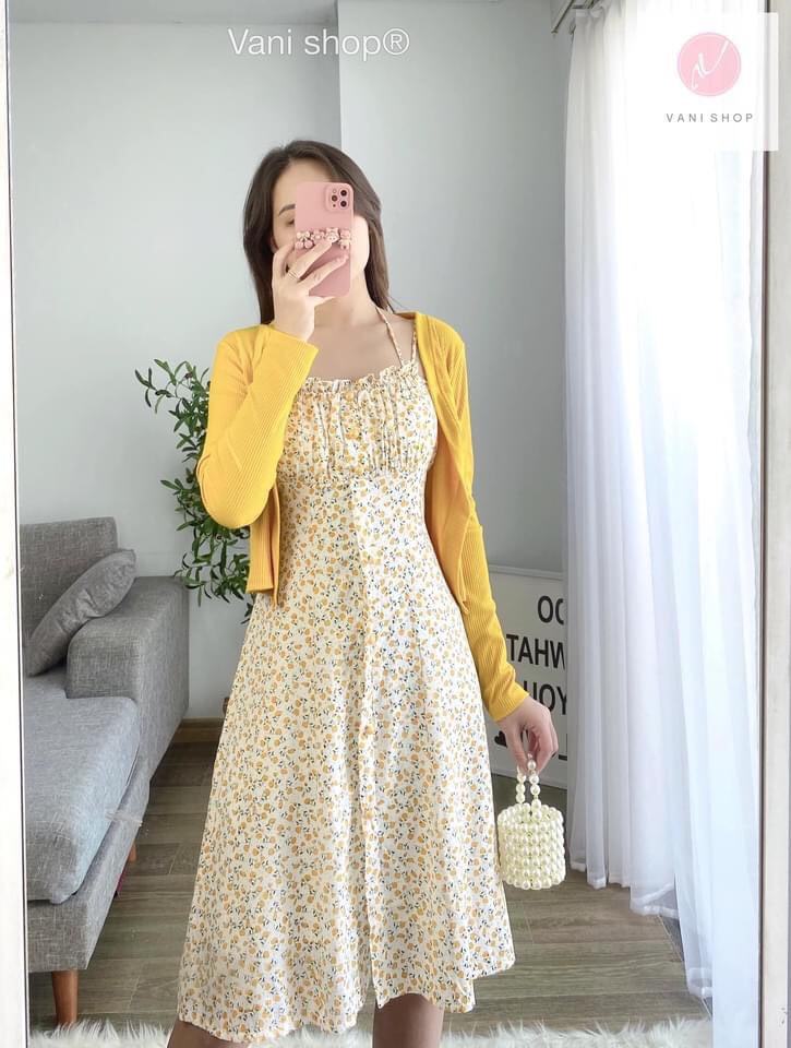 Set đầm 2 dây hoa nhí maxi xẻ đùi kèm áo khoác mỏng cardigan