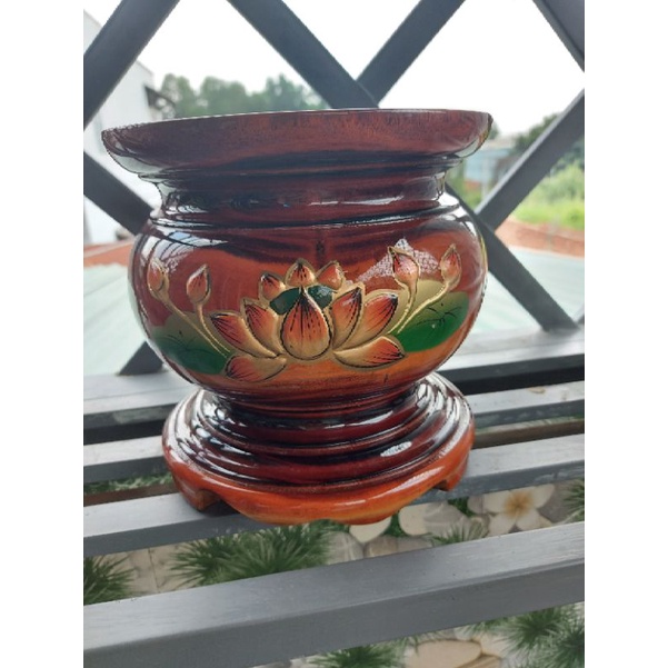 Bát nhang gỗ xoan đào hoạ tiết hoa sen kích thước ngang 15cm