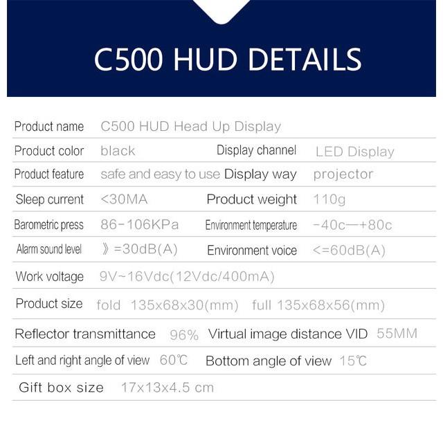 Màn hình HUD C500 hiển thị tốc độ trên kính lái