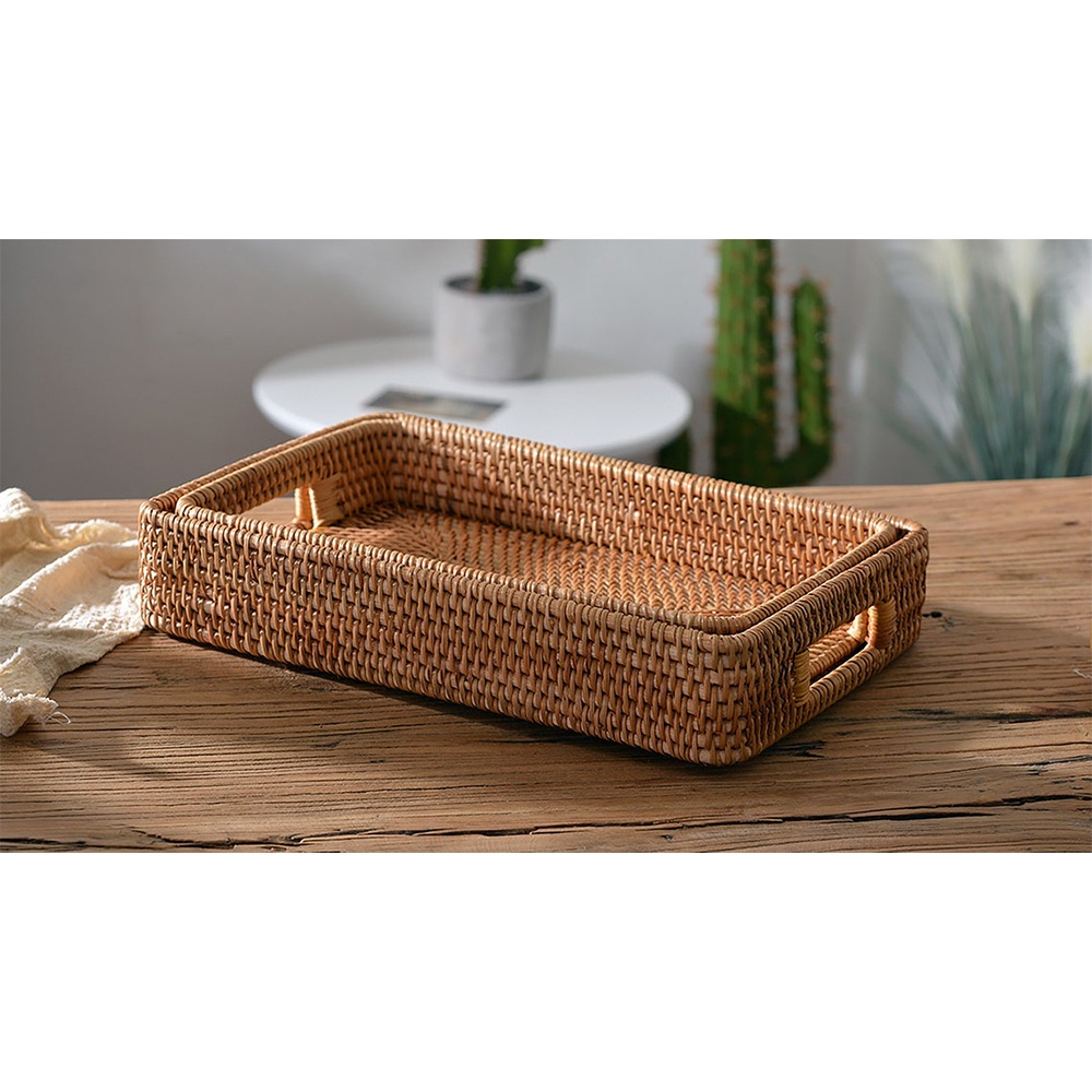 Khay mây chữ nhật ECOHUB có tay cầm đựng trà, hoa quả, đồ ăn, trang trí, để đồ dùng sắp xếp đồ vật gọn gàng hơn.