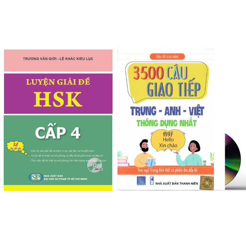 Combo 2 sách Luyện giải đề thi HSK cấp 4 có mp3 nge +3500 câu giao tiếp Anh Hoa Việt thông dụng nhất có phiên âm+DVD tài liệu