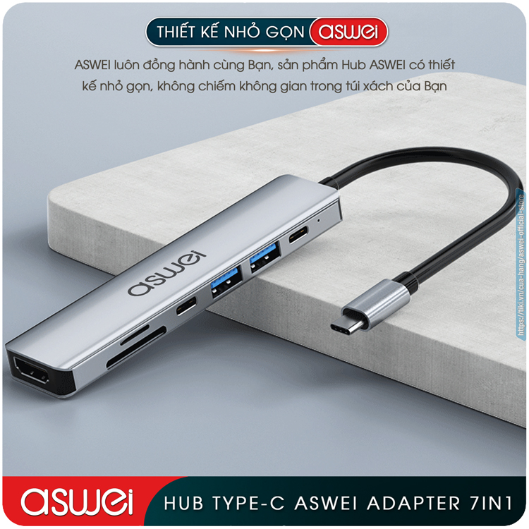 Hub Type C ASWEI 7 in 1 To HDMI, USB 3.0, SD, TF, USB C, PD - Hub Chuyển Đổi USB Type C 7 Cổng - Cổng Chia USB, Ổ Chia USB Tốc Độ Cao Dành Cho Macbook, Laptop, PC, Máy Tính Bảng, Điện Thoại - Hàng Chính Hãng
