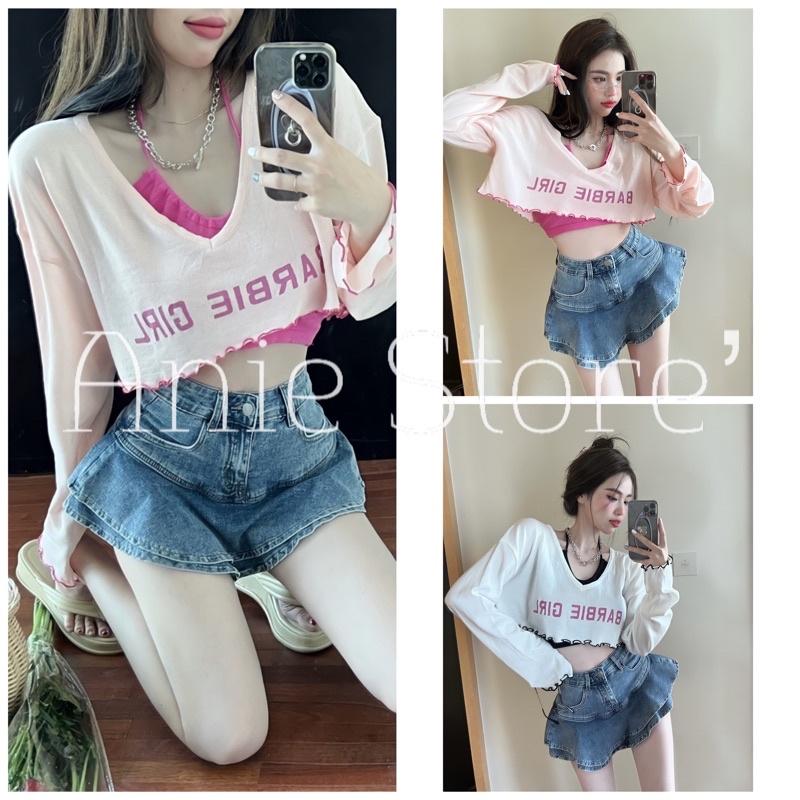 Bộ Áo Croptop Chạy Viền Barbie Áo Yếm Nữ Set Áo Crt Nữ Dài Tay Kèm Áo Trong In Chữ 2 Màu