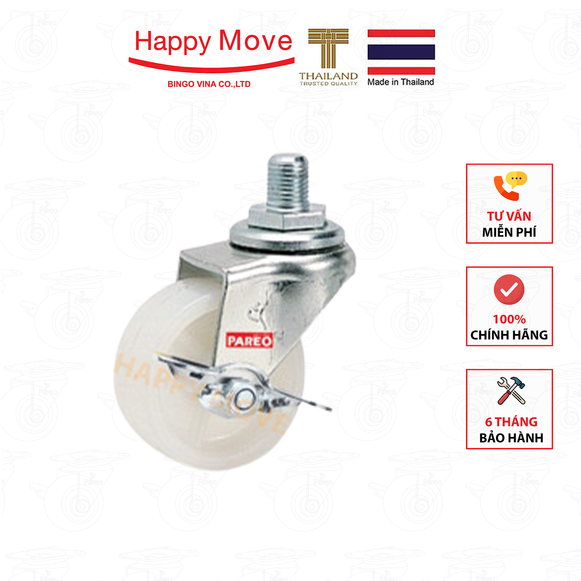 Bánh xe đẩy nylon tải nhẹ cọc vít xoay khóa - 50-65-75mm - Happy Move Thái Lan