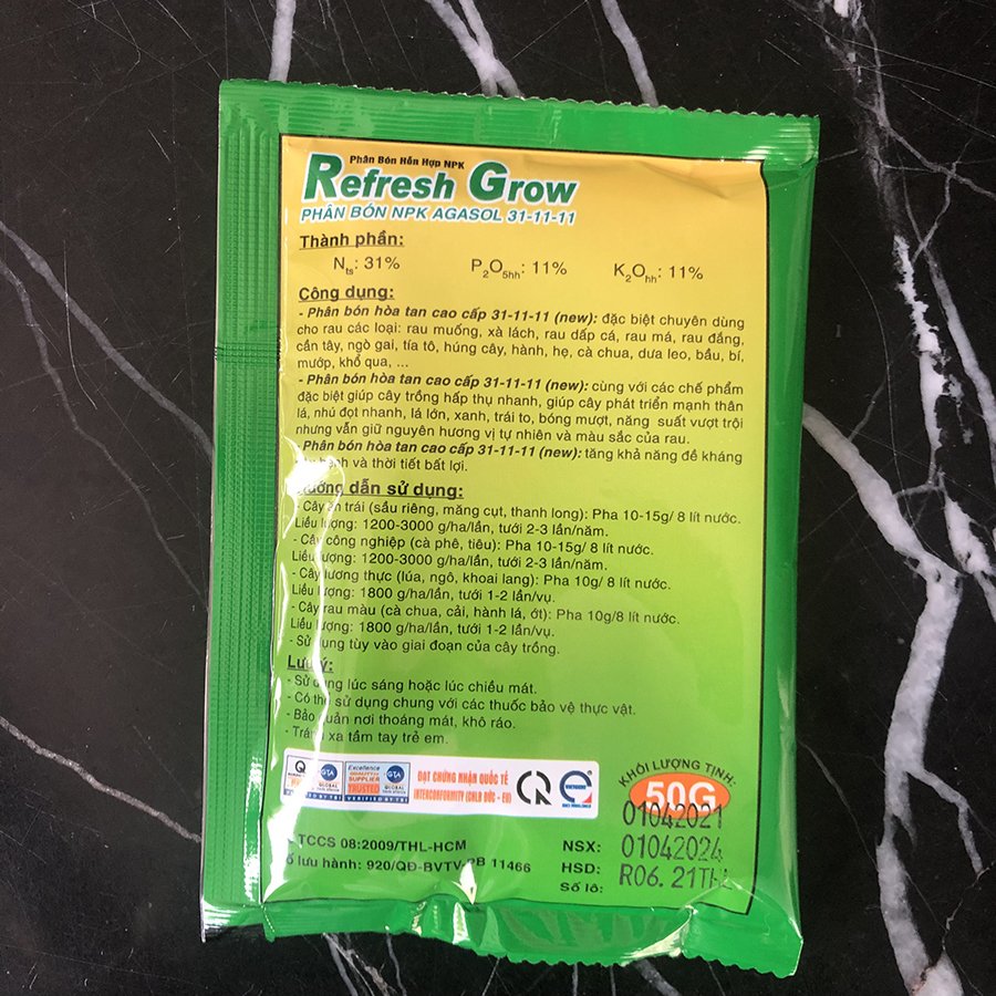 Phân bón NPK kích đọt nhanh, nhú đọt, lớn lá chuyên rau màu REFRESH GROW 31-11-11 50gr