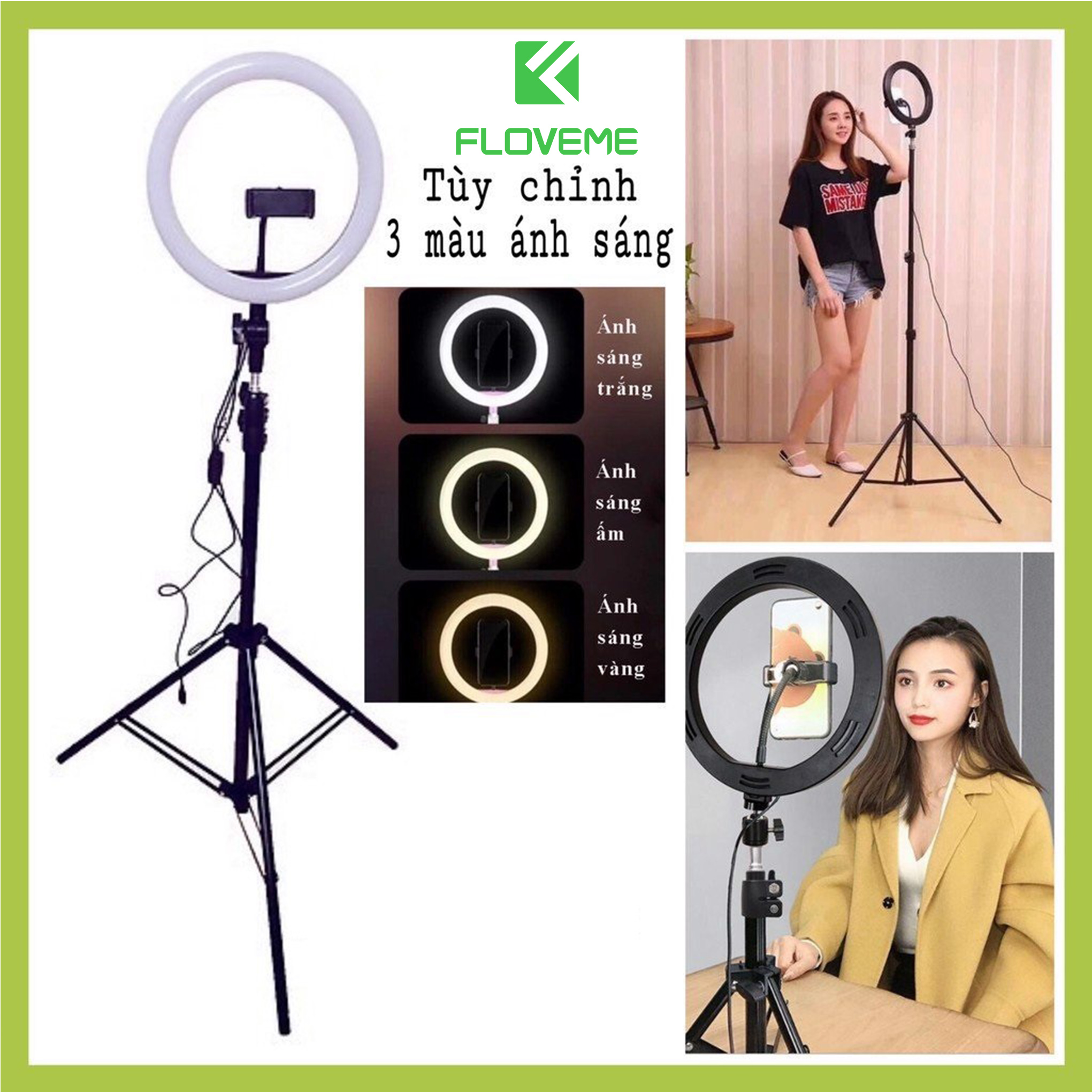 Đèn livestream Floveme cao cấp siêu sáng, chân 2m1, Size 26 33 36 45 Hỗ Trợ Chụp Ảnh Make up, quay tiktok, bán hàng - Hàng chính hãng