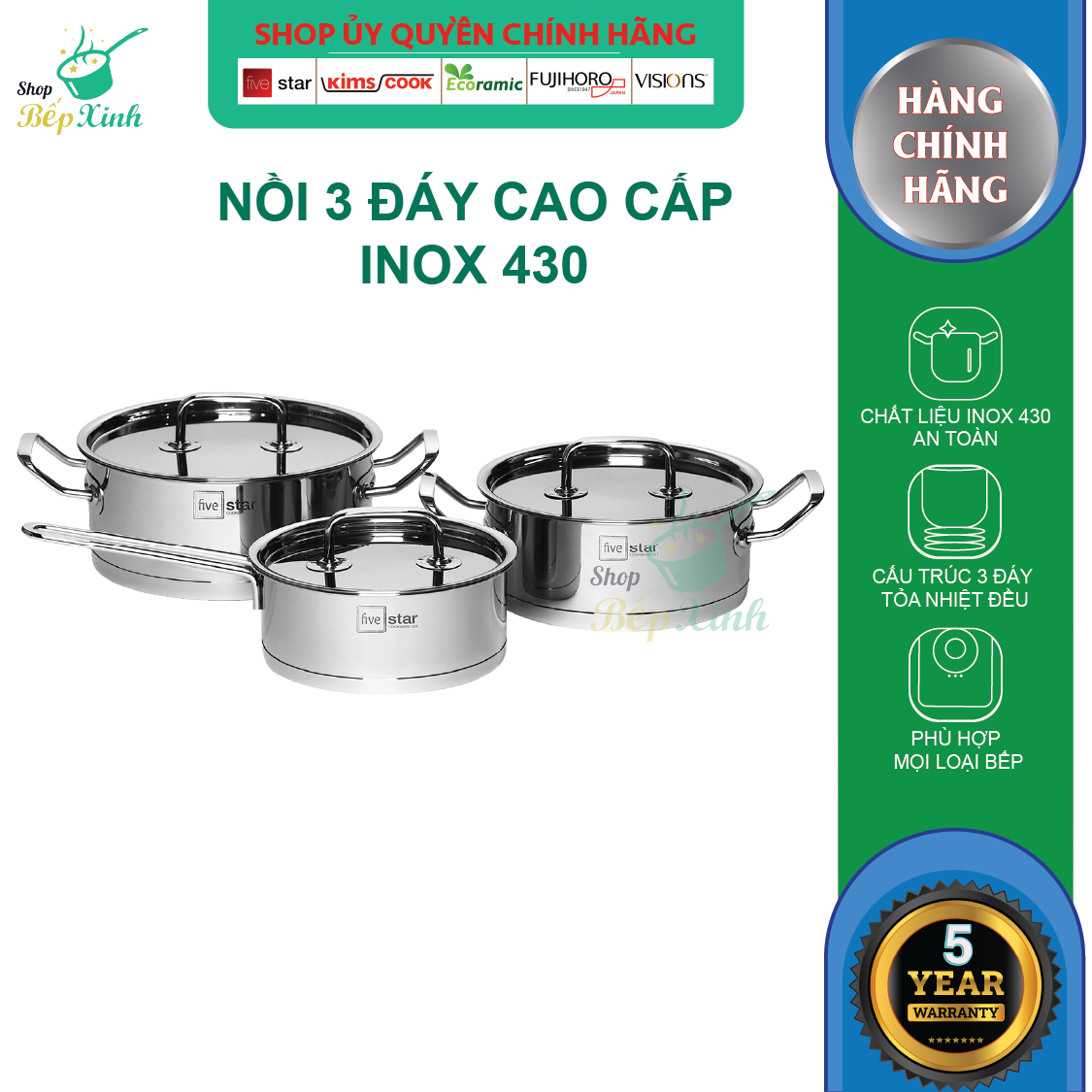 Bộ nồi quánh inox Fivestar 3 đáy từ nắp inox 3 món