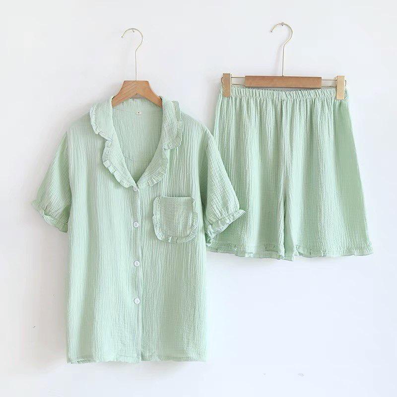 Bộ pyjama bèo nữ mùa hè, Bộ mặc nhà đùi Xô Muslin cộc tay trơn TH01
