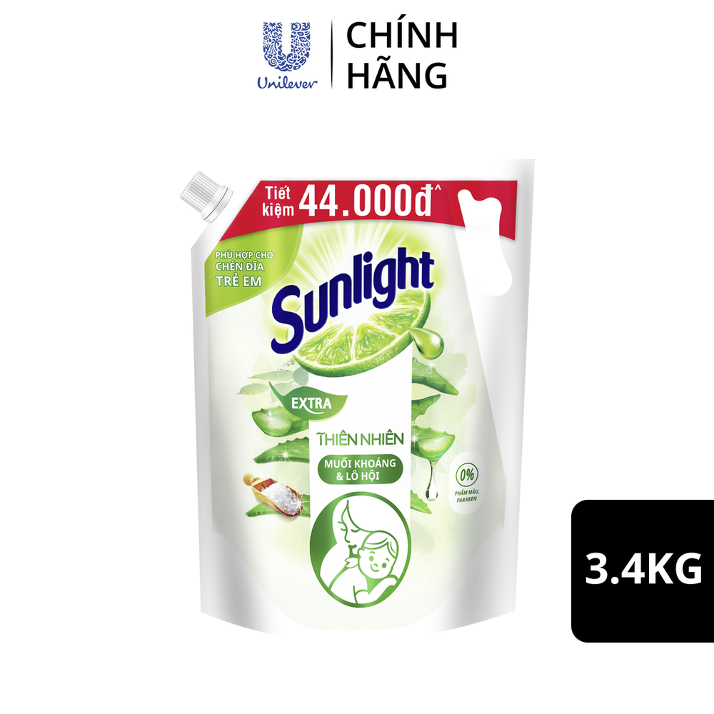 Nước Rửa Chén Bát Sunlight Thiên Nhiên Muối Khoáng &amp; Lô Hội - Túi 3.4KG