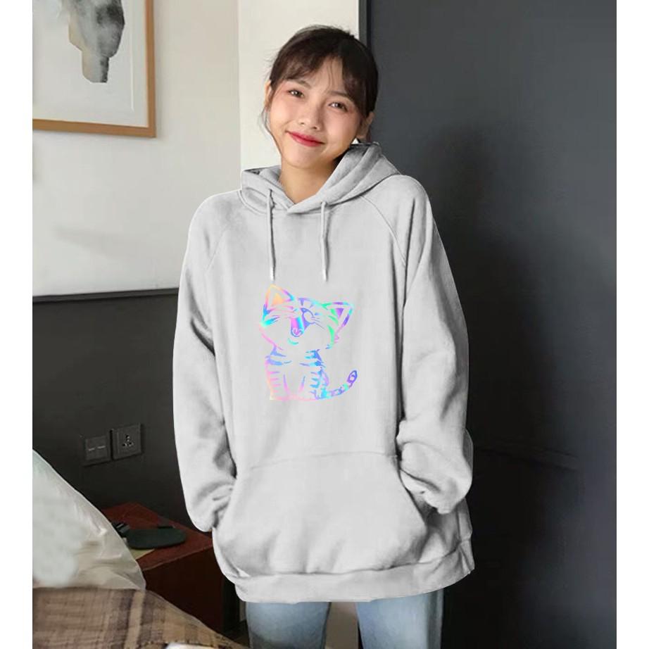 Áo hoodie Unisex dạ quang - Áo khoác nỉ phản quang họa tiết mèo cười in cao cấp