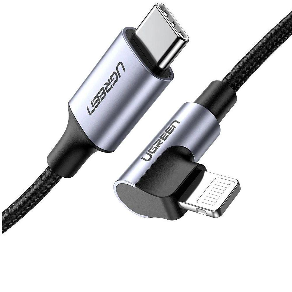 Ugreen UG60763US305TK 1M MFI đầu lightning bẻ 90 độ cáp USB type C ra Lightning bọc nhôm chống nhiễu màu đen - HÀNG CHÍNH HÃNG