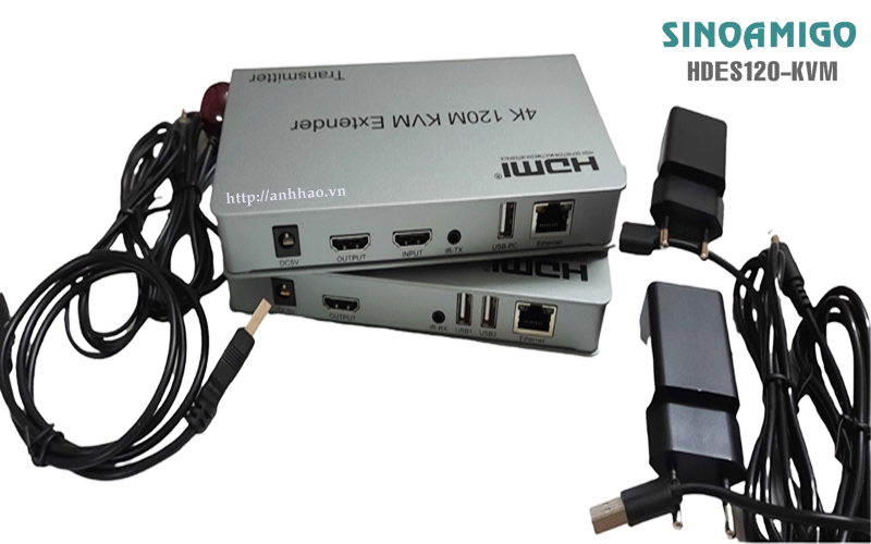 HDMI to Lan - Bộ kéo dài HDMI 120M qua cáp mạng lan Sinoamigo HDES120-KVM , thêm 3 cổng USB kết nối phím chuột - Hàng chính hãng