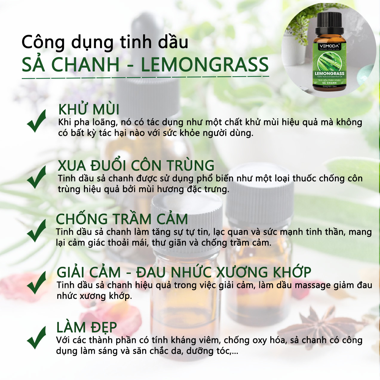 Tinh dầu Xông phòng Sả chanh cao cấp 50ML. Tặng kèm lọ đựng tinh dầu treo ô tô, treo tủ quần áo, thơm phòng.