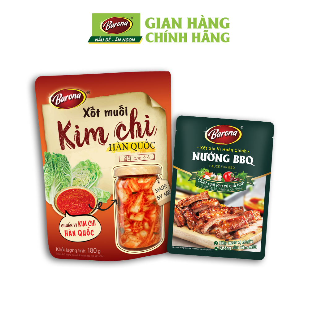 Combo 1 Gói Xốt Muối Kim Chi Hàn Quốc 180g &amp; 1 Gói Xốt Gia Vị Hoàn Chỉnh Barona Nướng BBQ 80g