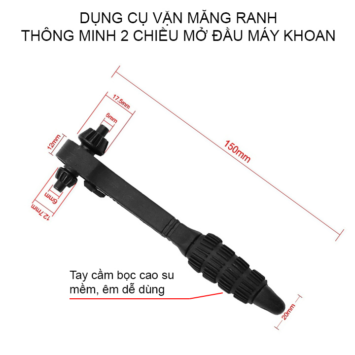 Tay vặn măng ranh 2 chiều mở đầu máy khoan, với 2 đầu D12.7mm và D17.5mm
